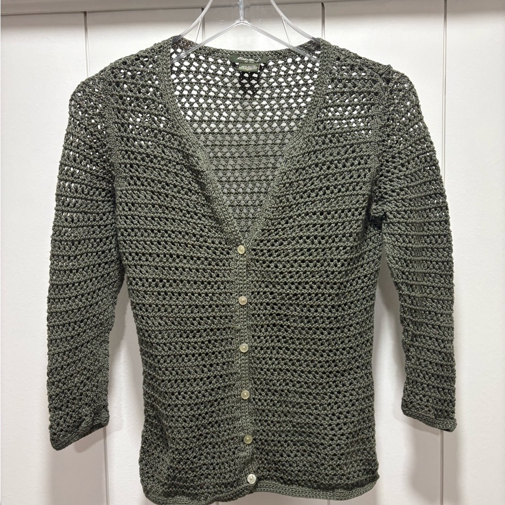 Eddie Bauer Cardigan Womens Green Small  Crocheted Boho Cottagecore 100% Cotton